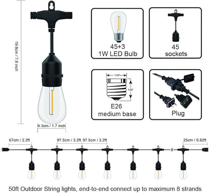 SUFEIMAS Outdoor String Lights LED 150FT with 46 Sockets 48pcs S14 Shattreproof Edison Bulbs,Dimmable LED Outdoor String Lights for Outside, Patio,Backyard, Market, Cafe (2 * 75FT)