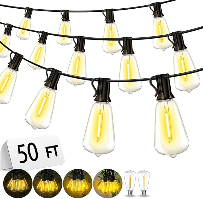 Outdoor Patio String Lights 50ft: ST38 LED Shatterproof Bulbs 3 Modes Button Control - Waterproof Connectable Lights - Wedding Bistro Party Backyard Gazebo Decorative