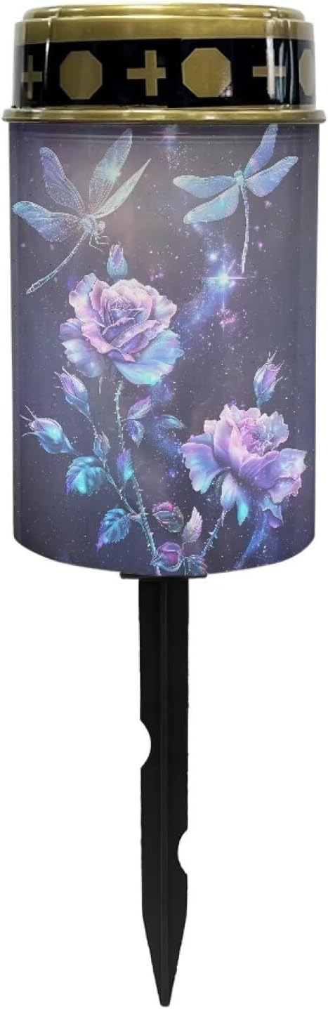 Purple Dragonfly Flower Solar Garden Stake Cross Lights Outdoor Waterproof Memorial Garden Decor Cemetery Decorations for Grave for Remembrance Gifts & Sympathy Gifts