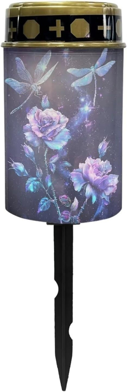 Purple Dragonfly Flower Solar Garden Stake Cross Lights Outdoor Waterproof Memorial Garden Decor Cemetery Decorations for Grave for Remembrance Gifts & Sympathy Gifts