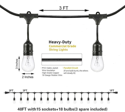 SUNTHIN 2 Pack 48FT Outdoor String Lights,Hanging Incandescent String Lights Commercial Grade Waterproof Patio Light Outside with Dimmable Connectable Edison Glass Bulbs for Bistro,Party,Holiday Decor