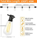 150FT Outdoor String Lights Patio Lights with 60 Shatterproof ST38 Vintage Edison Bulbs (2400K) Commercial Grade | Lumora