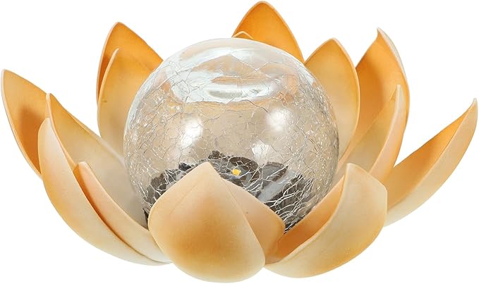 Gadpiparty LED Solar Garden Lotus Light Yellow, Decorative In-ground Lawn Path Light, Crack Glass Outdoor Yard Landscape Lamp for Patio and Garden