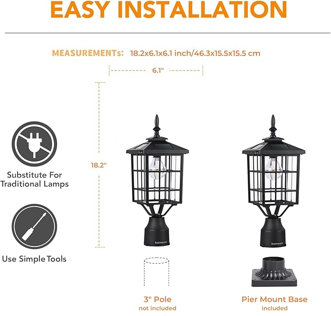 Kemeco ST4224Q-A Solar Post Light Outdoor, Landscape Led Squared Frame Fixture with 3" Pier Mount Base for Garden | Lumora
