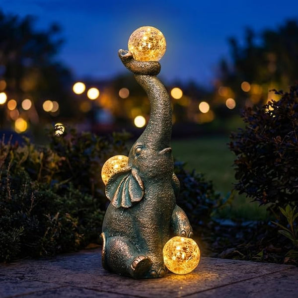 Solar Elephant Statue Outdoor Decor with 15 LED Crackle Ball, Garden Patio Sculpture Light, Waterproof Lucky | Lumora