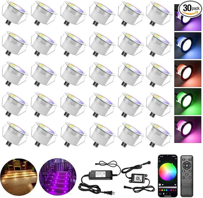 Low Voltage LED Deck Lights, 30 Pack 1.22" Smart WiFi RGBW 3000K Recessed Step & Stair Lighting Kit, IP67 Waterproof Outdoor for Deck, Walkway & Landscape, Compatible with Alexa & Google Assistant