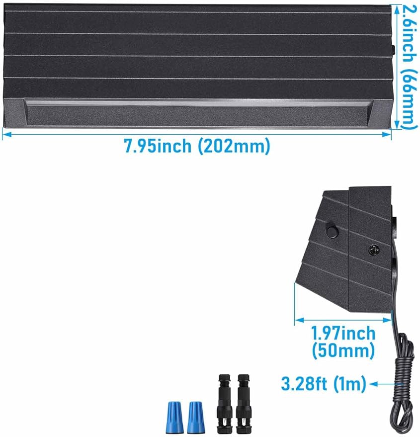LEONLITE 5CCT Low Voltage Fence Lights, 8inch 5W LED Deck Lights, 12-24V AC/DC Landscape Step Railing Light, CRI90, 1800K/2700K/3000K/4000K/5000K, IP65, UL Listed Cord, Black, Aluminum, Pack of 4