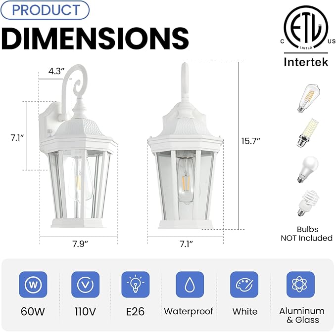 Outdoor Wall Lantern, Waterproof Exterior Wall Light Fixtures, Outdoor Porch Light Fixtures Wall Mount in White Finish with Clear Glass, Aluminum Alloy, 60W