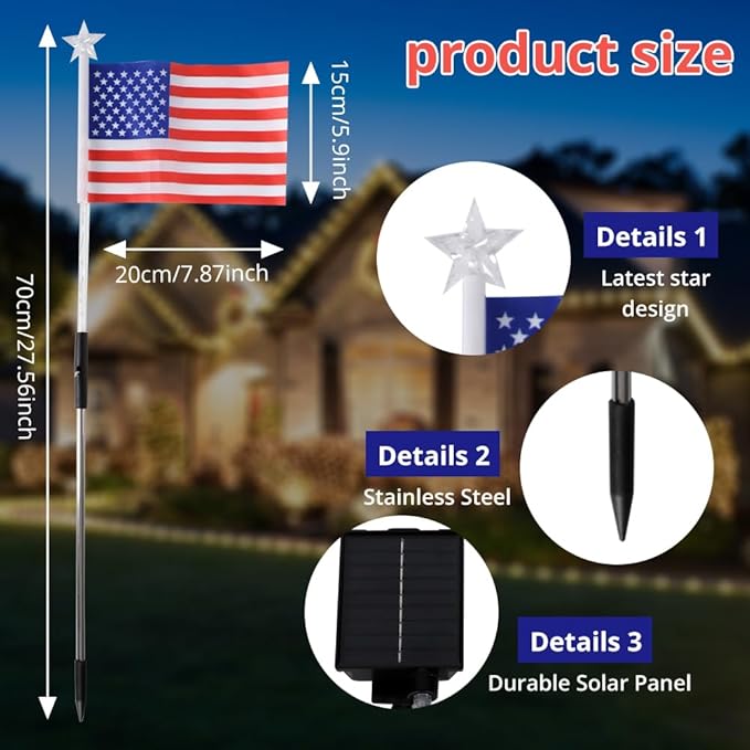 6 Flag Lights 4th of July Decorations 8 Lighting Modes, 6-in-1 American Flag Solar Lights, Memorial Day Decorations with Red White and Blue Lights for Independence Day Path Garden Decor Yard Pathway