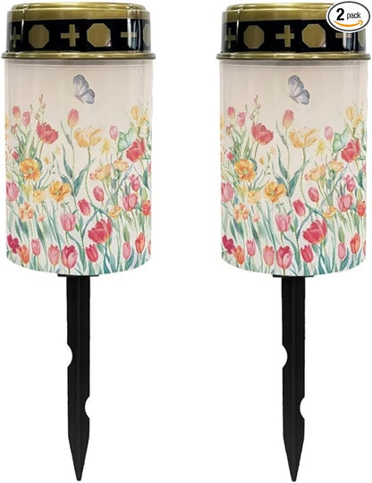 Poceacles Solar Lights Outdoor Grave Solar Lights for Cemetery Decoration Solar Outdoor Lights Cemetery Solar Lamp for Garden Lawn Backyard Pathway Decor, Butterfly Colorful Tulip Flower, Pack of 2