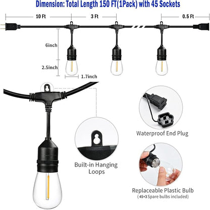 150 FT Outdoor String Lights for Outside Black with 48pcs Replaceable S14 Edison Lights 2200K, Weatherproof for Patio Pergola Gazebo Backyard, 1-Pack, Hooks and Zip Ties Included, Connectable