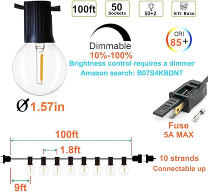 Outdoor String Lights 100ft with LED Filament Bulbs 50+2(Spare) Dimmable Shatterproof Waterproof, for Indoor/Outdoor Decoration and Lighting, Edison Vintage Style Warm 2200K