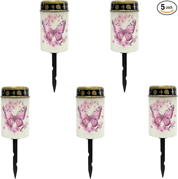 Pink Butterfly Outdoor Solar Lights LED Lantern Solar Garden Stake Lights Solar Powered Fairy Lights for Outside Cherry Blossom Solar Walkway Lights for Women Ladies,Warm White