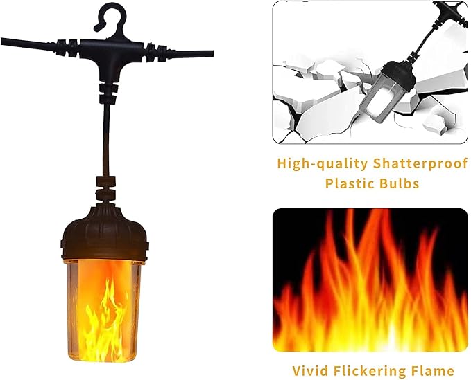 Flickering Flame String Lights for Halloween Decor Outdoor, 23Ft LED for Outside, Plug-in Garden, Connectable Backyard 10 Lantern & Hooks Decorative Cafe Bistro Patio