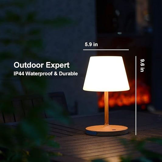 Outdoor Table Lamp/Cordless USB Rechargeable 4000mAh / 2700K LED/Touch Dimmable/Portable Battery Operated / IP44 Waterproof/PE Shade/Bedroom Dinning Camping Patio (9.6in, Wood Grain)