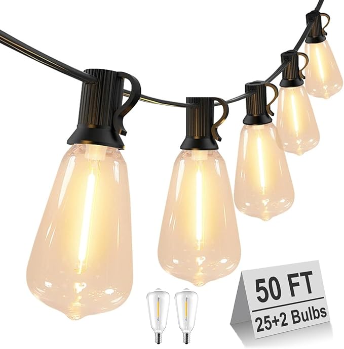 Sxminer Outdoor String Lights, 50Ft with 27 LED ST38 Waterproof Shatterproof Dimmable Edison Patio Light Bulbs,for Porch Deck Garden Backyard Balcony Xmas, 2700K