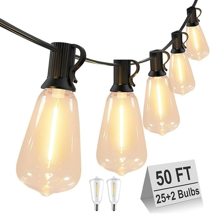 Sxminer Outdoor String Lights, 50Ft with 27 LED ST38 Waterproof Shatterproof Dimmable Edison Patio Light Bulbs,for Porch Deck Garden Backyard Balcony Xmas, 2700K