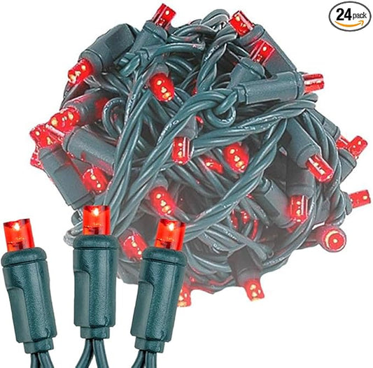 Novelty Lights 24-Pack, 25 Feet 50 LED Red Christmas Mini Light String on Green Wire, 5mm Wide Angle Bulbs, Connectable, Indoor/Outdoor Decor, UL Listed