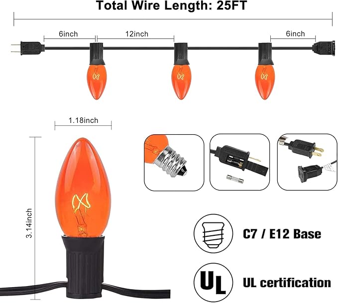 C9 Halloween String Lights, 25Ft Outdoor Orange String Light with 26 Clear Orange Bulbs(1 Spare), Halloween Lights for Indoor Outdoor Party Holiday Lighting Decor, Black Wire