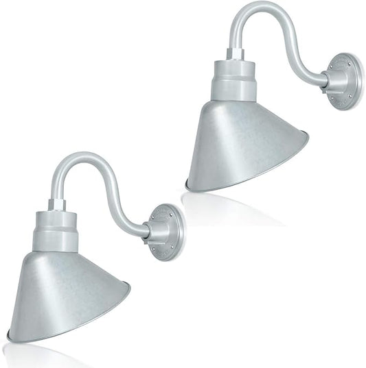 10in. Galvanized Finish Angle Shade Gooseneck Sign Light Fixture With 10in. Long Extension Arm - Wall Sconce Farmhouse, Antique Style - UL Listed - 9W 900lm A19 LED Bulb (5000K Cool White) - 2-Pack