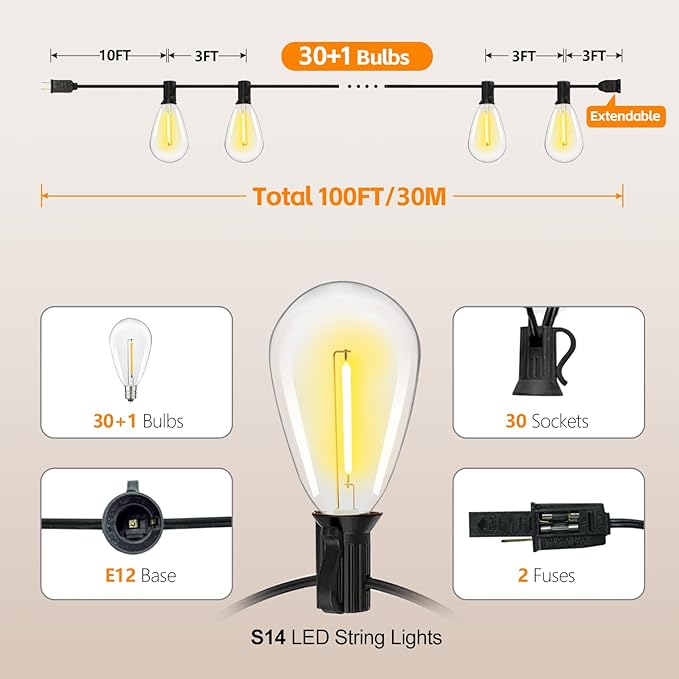 100FT Outdoor String Lights for Outside Patio Lights with 30+1 Shatterproof S14 E12 LED Bulb, 2700K Outside Hanging | Lumora