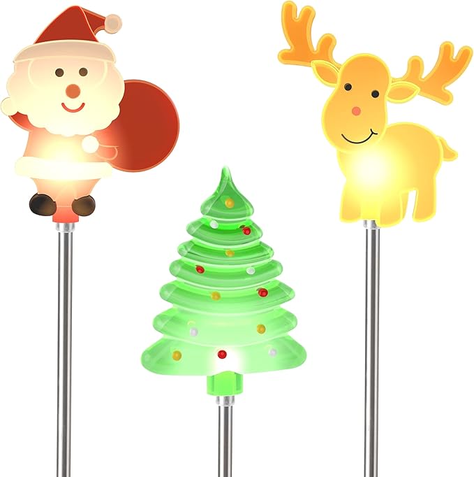 MAGGIFT 3 Pack Solar Christmas Garden Stake Lights, Solar Powered Santa Claus, X-mas Tree & Reindeer Outdoor Decorative Lights, Warm White LED Landscape Lighting, Waterproof for Patio Yard Decorations