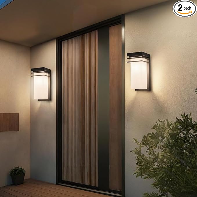 Modern Outdoor Wall Lights Fixtures Set of 2, Front Porch Sconce Lighting Wall Mount, Exterior Wall Lamps with White Frosted Glass for Patio, House, Commercial Use, E26 Base