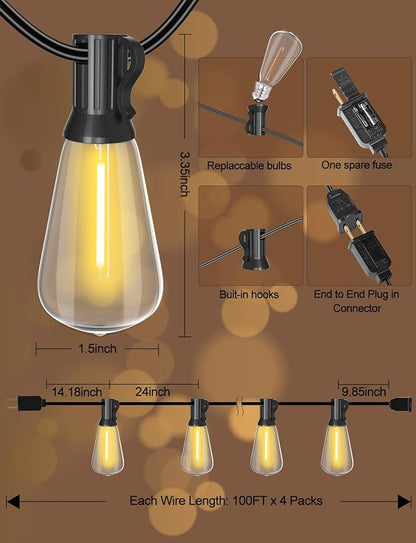 SUFEIMAS Outdoor String Lights Waterproof 400FT (100ft*4) shatterproof Patio Lights for Outside with 212 Vintage dimmable LED Edison Bulbs,Backyard Lights for Fence Garden,Balcony Porch Party Bistro