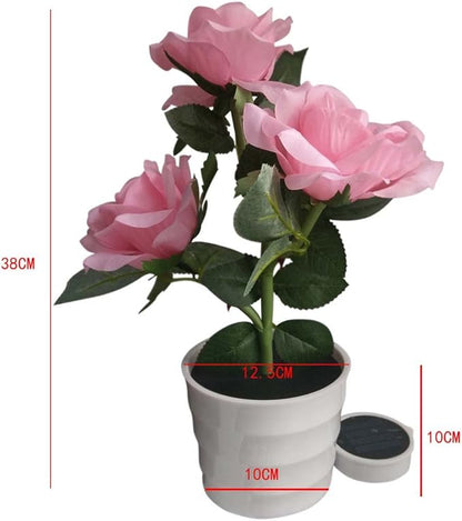 LED Solar Power Decorative Artificial Rose Flower Pot Plant Landscape Light Night Lamp Outdoor Garden Yard Pathway Lawn Grassland Pink