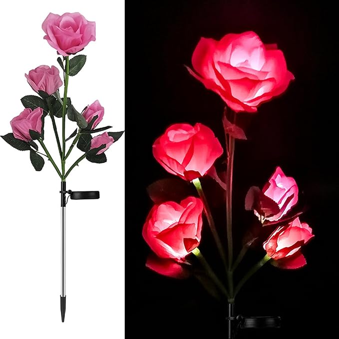 Lxcom Lighting Solar Garden Lights Solar Flower Lights Outdoor 10 Rose Solar Flowers Path Lights Waterproof Decorative Rose Garden Lights for Patio Path Garden Yard, 2 Pack(Pink)