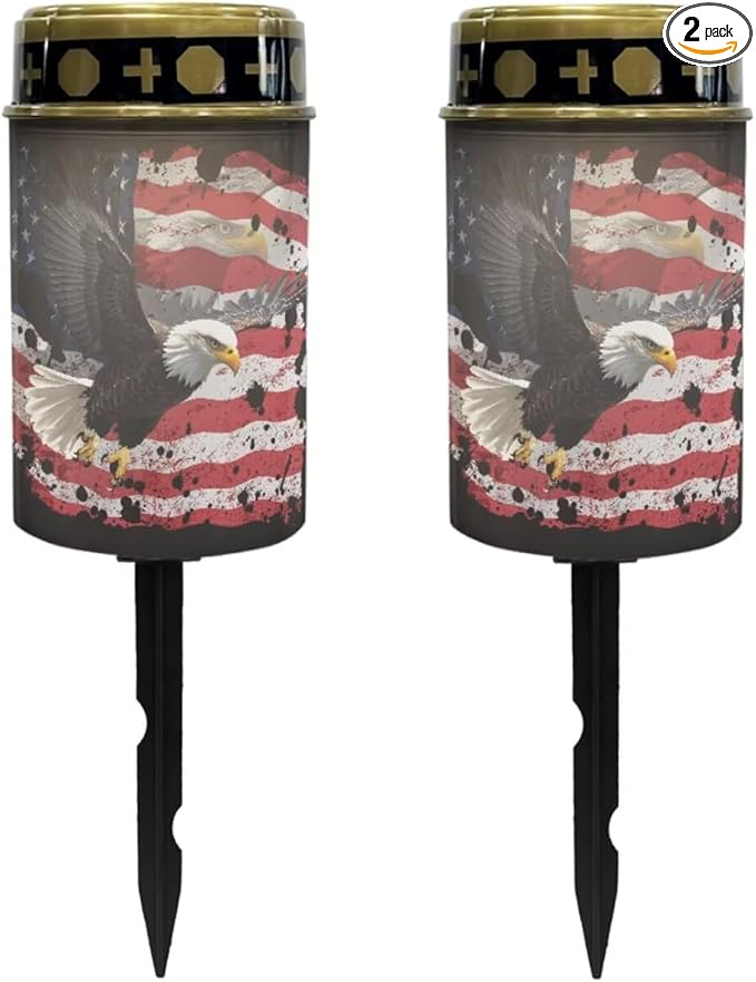 Poceacles Solar Lights Pack of 2 Outdoor Grave Solar Lights for Cemetery Decoration Solar Outdoor Lights Cemetery Solar Lamp for Garden Lawn Backyard Pathway Decor, Eagle American Flag Splash