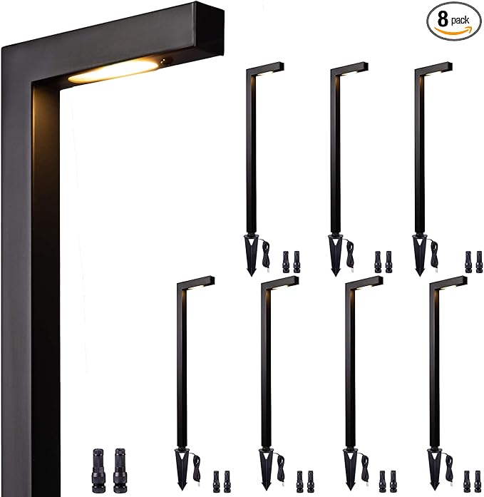 Gardenreet LED Pathway Lights Brass, 12V Landscape Path Lights Wired, Low Voltage Walkway Lights Outdoor Waterproof, L Shape Black for Backyard Garden Without G4 Bulb 8 Pack