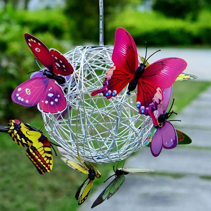 Solar Lighted Hanging Mesh Orb with LED Colorful Butterfly Roaming Light Solar Garden Patio Hanging Ball Home Outdoor Yard Ornament