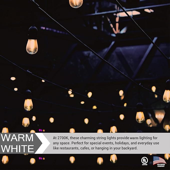 Diodesy- 48Ft Outdoor String Lights with S14 LED Shatterproof Edison Bulb & 15 Hanging Socket Commercial Grade E26 | Lumora