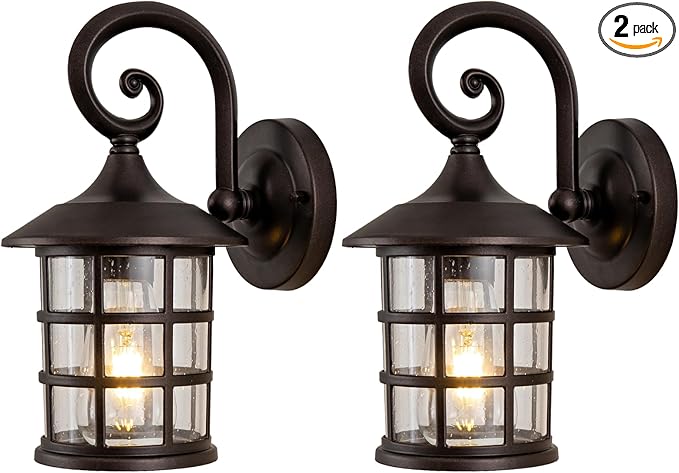 Outdoor Wall Light Fixture 2packs 9.9" Exterior Porch Lights Lantern Sconce with Seeded Glass Shade Wall Mount Outside Lights for Garage Front Door Pathways Balcony Patio Street Cafes