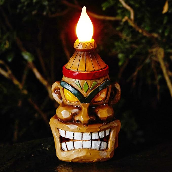 Outdoor Solar Tiki Statue Decor-Tiki Bar Decoration-Torch Tiki Head Statues Outdoor Decorations for | Lumora