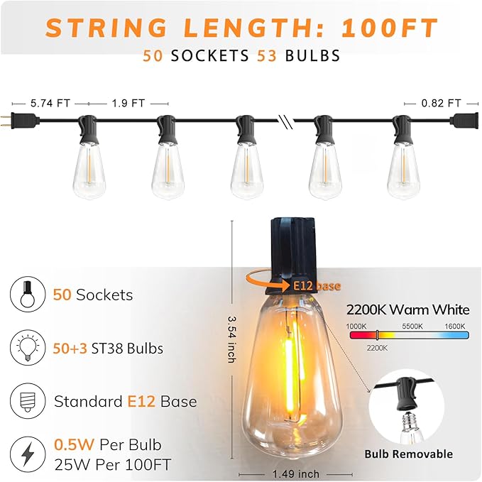Achin 100FT Outdoor String Lights LED Dimmable Patio Lights String Waterproof with 50+3 Shatterproof Bulbs ST38 | Lumora