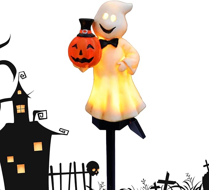 2pcs Ghost Solar Outdoor Lights, Halloween Ghost Solar Pathway Lights, Waterproof Outdoor Resin Figurine Lamp with Stake for Garden Patio Yard Pathway Decorative