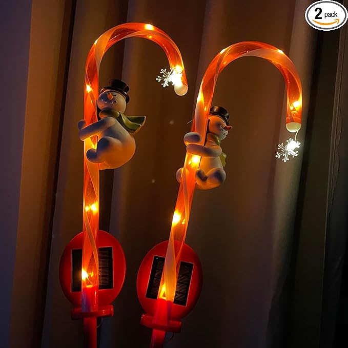 2 Pieces Set 27 Inch Christmas Solar Snowman Candy Cane Lights Pathway Markers Waterproof Outdoor Landscape Lights Decor Garden Spotlights for Xmas Party Lawn Wedding Festival CCN2