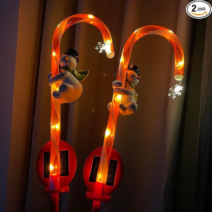 2 Pieces Set 27 Inch Christmas Solar Snowman Candy Cane Lights Pathway Markers Waterproof Outdoor Landscape Lights Decor Garden Spotlights for Xmas Party Lawn Wedding Festival CCN2