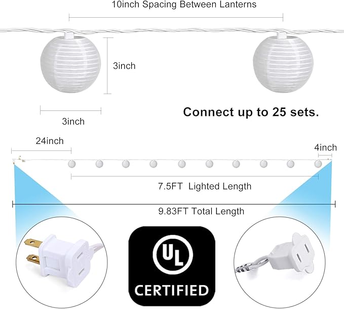 Lantern String Lights Plug in, Outdoor White Lights String 9.83FT Pack of 10 Nylon Lantern String Lights for Patio,White Lights String for Bedroom(Lanterns Need Simple Assembly)