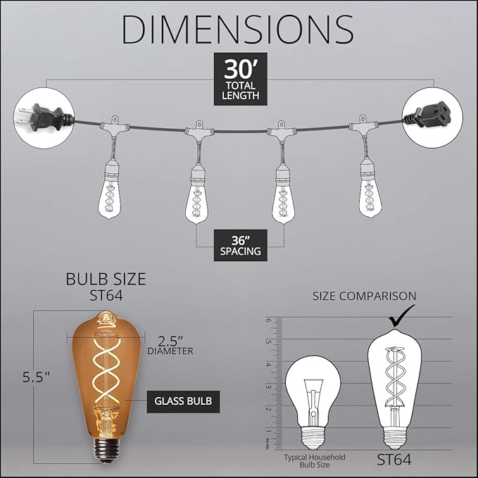 Wintergreen Lighting 30' FlexFilament LED ST64 Edison Bulb String Lights, Suspended - Outdoor Security Flood Light | Lumora
