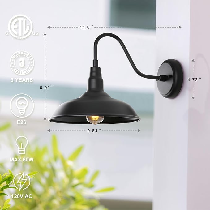 Black Outdoor Barn Light with Wall Mount 2 Pack Exterior Gooseneck Lights with 10" Dome, Farmhouse Style Outside | Lumora