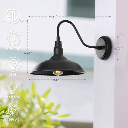Black Outdoor Barn Light with Wall Mount 2 Pack Exterior Gooseneck Lights with 10" Dome, Farmhouse Style Outside Wall Sconce for House, Porch, Patio