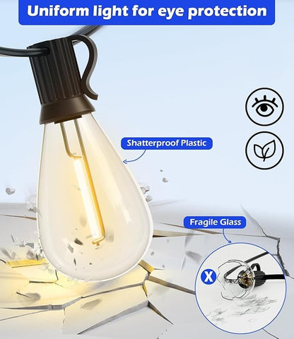 Luckystyle 200FT LED Outdoor String Lights With 60+2 Edison Shatterproof Waterproof Bulbs, 2700K Commercial Grade Patio Lights, Heavy Duty Outside Hanging for Garden Porch Deck Decor