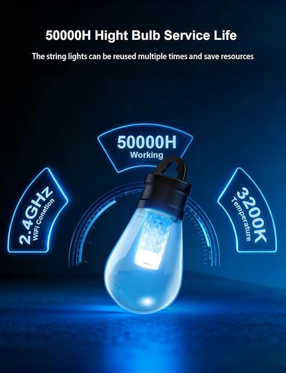 APPECK Outdoor String Lights, 150ft Smart RGBW Outdoor Patio Lights with 45 LED Bulbs, Extendable, 111 Scene Modes, IP65 Waterproof Lighting for Outside, Halloween Decor, Compatible with Alexa