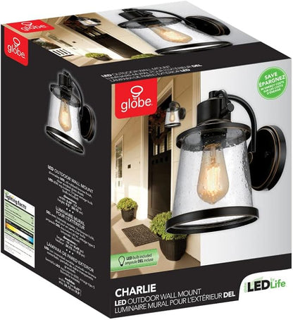 Globe Electric 44127 Charlie 1-Light Outdoor Indoor Wall Sconce, LED Bulb Included, Oil Rubbed Bronze, Clear Seeded Glass Shade, 500 Lumen
