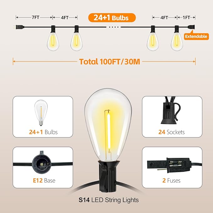 100FT Outdoor String Lights for Outside Patio Lights with 24+1 Shatterproof S14 E12 LED Bulb, 2700K Outside Hanging | Lumora