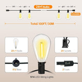 100FT Outdoor String Lights for Outside Patio Lights with 24+1 Shatterproof S14 E12 LED Bulb, 2700K Outside Hanging | Lumora
