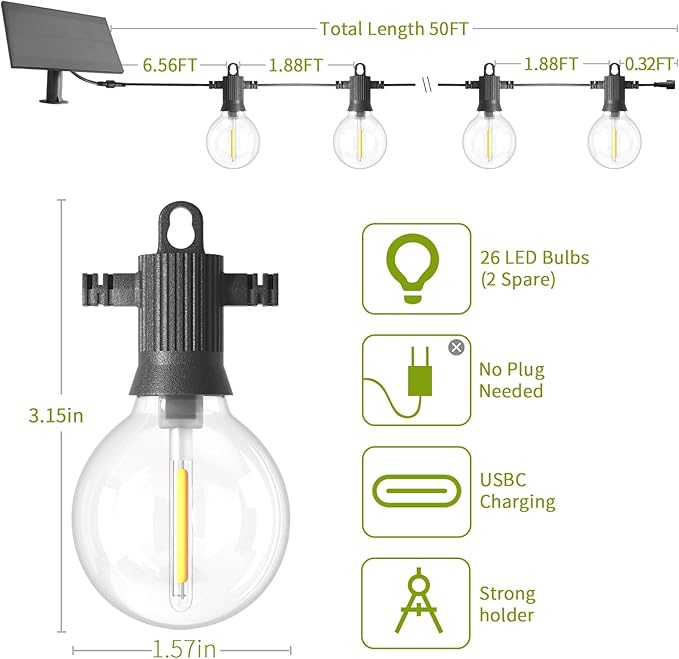ZOTOYI Solar Outdoor String Lights 50FT, Waterproof with USB Port, G40 Globe Solar Patio Light with 26 Edison | Lumora